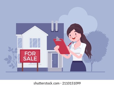 Estate agent, attractive female realtor listing and marketing home. Property management, assist with the rental, purchase or sale of industrial, commercial, residential building. Vector illustration