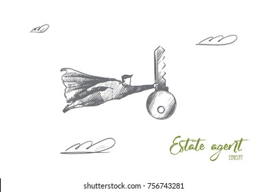Estate agent concept. Hand drawn superhero with key to a new apartment in hand. Flying man holds giant key isolated vector illustration.