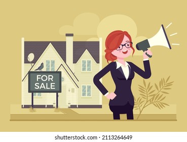 Estate agent, female realtor with megaphone selling house. Real property on sale, broker, firm, or professional advertising commercial, residential building offered for purchase. Vector illustration