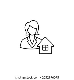 Estate Agent, house consultant, house sale icon in flat black line style, isolated on white background 