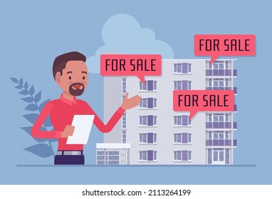 Estate agent, property expert consultant selling block of flats house. Male realtor presenting offer, apartments for sale in modern multi storey commercial, residential building. Vector illustration