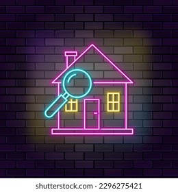 Estate, house, inspection neon icon brick wall and dark background.