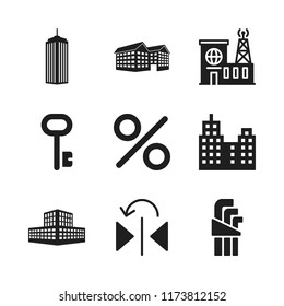 estate icon. 9 estate vector icons set. big building, building houses and building striped modern tower icons for web and design about estate theme