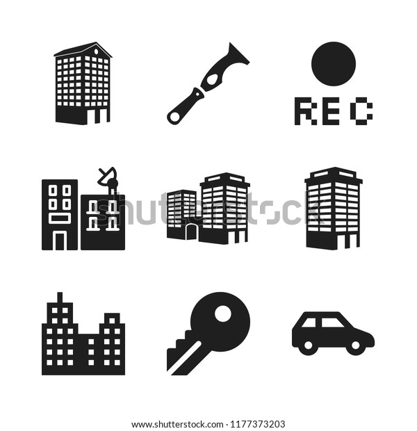 estate icon.\
9 estate vector icons set. building, key and three door car icons\
for web and design about estate\
theme
