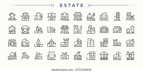 Symbolpaket für Immobilien. Office-Symbolsatz. Moderne Icons Sammlung. Enthält Umrisssymbole wie Architektur, Gebäude, Villa, Büro und mehr. Bearbeitbarer Vektor.