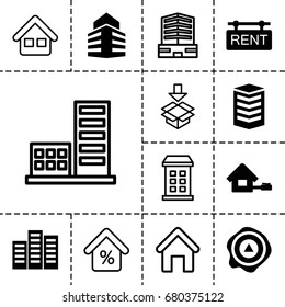 Estate icon. set of 13 filled and outline estate icons such as building, arrow up, rent tag, home, house building, business center, box