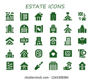  estate icon set. 30 filled estate icons. Simple modern icons about  - Home, Architecture, House, Building, Mortgage, Garage, Blueprint, Shelter, Sold, Skyscraper, Foundation