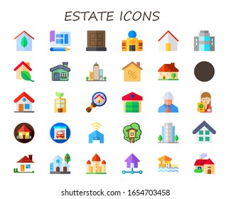 conjunto de iconos de estado. 30 iconos de la propiedad plana. Incluye eco-casa, plano, ventana, edificio, casa, empresa, casa, edificios, hipoteca, garaje, arquitectura, agente, iconos de la casa de árbol.