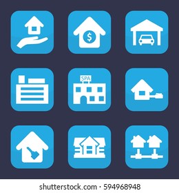 estate icon. Set of 9 filled estate icons such as house, spa building, home key, house sale, building, house insurance, garage