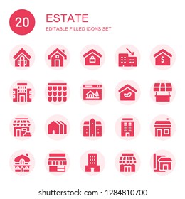 estate icon set. Collection of 20 filled estate icons included Home, House, Real estate, Rental, Building, Roof, Homepage, Eco house, Store, Houses, Mansion, Blueprint