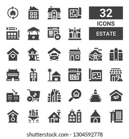 estate icon set. Collection of 32 filled estate icons included Office building, Hut, Building, House, Eco house, Real estate, Urban, Store, Rental, Blueprint, Buildings, Beach house