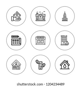 Estate icon set. collection of 9 outline estate icons with building, blueprint, house, real estate icons. editable icons.