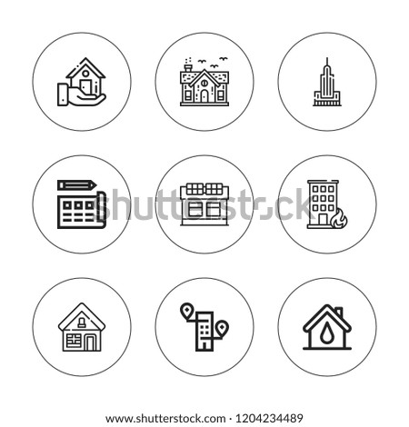 Estate icon set. collection of 9 outline estate icons with building, blueprint, house, real estate icons. editable icons.