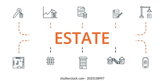 Estate Symbol Set. Enthält bearbeitbare Symbole Themen wie Mietvertrag, Wohnung, Wohnsitz und mehr.