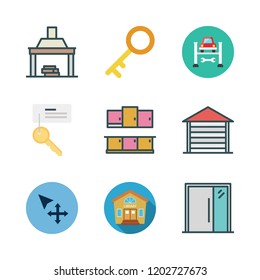 estate icon set. vector set about fireplace, entrance, key and move icons set.