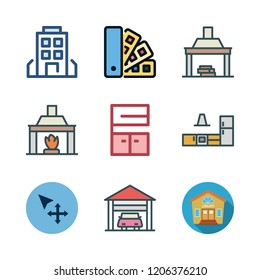 estate icon set. vector set about house, garage, kitchen and fireplace icons set.