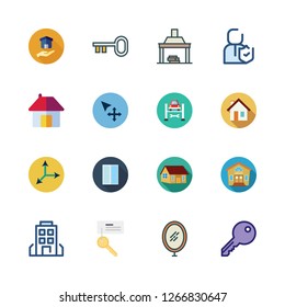 estate icon set. vector set about insurance, fireplace, building and garage icons set.
