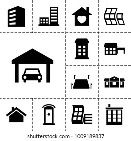Estate icons. set of 13 editable filled estate icons such as building, modern curved building, house, home with heart, land territory, garage, house building
