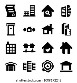 Estate icons. set of 16 editable filled estate icons such as door with heart, house building, building, business center, arrow up, home, home search, bill of house sell