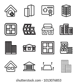 Estate icons. set of 16 editable outline estate icons such as window, modern curved building, building, home, house building, home search, land territory, garage
