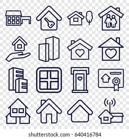 Estate icons set. set of 16 estate outline icons such as window, house building, door with heart, building, home with heart, home