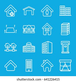 Estate icons set. set of 16 estate outline icons such as building, house building, door with heart, garage, house, business center, man in home, home, home search