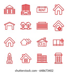 Estate icons set. set of 16 estate outline icons such as building, garage, house building, business center building, house, business center, clean window, home, home search