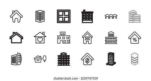 Estate icons. set of 18 editable outline estate icons: building, spa building, business center, house and tree, home with heart, home, buying a house, garage, mortgage