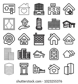 Estate icons. set of 25 editable outline estate icons such as window, door with heart, building, house, spa building, business center, house with heart, arrow up, home