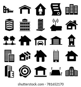 Estate icons. set of 25 editable filled estate icons such as building   isolated  sign symbol, garage, building, home, arrow up, land territory, bill of house sell