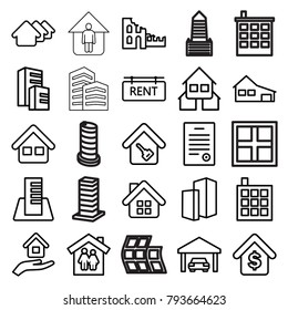 Iconos de propiedad. conjunto de 25 íconos editables de la propiedad como casa, edificio, casa familiar, hogar, llave de casa, etiqueta de alquiler, garaje, ventana, centro de negocios