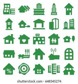 Estate icons set. set of 25 estate filled icons such as window, modern curved building, house building, house, business center, arrow up, home, mortgage