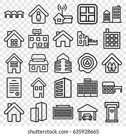 Estate icons set. set of 25 estate outline icons such as building, window, door with heart, business center building, man in home, arrow up, home, garage