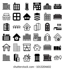 Estate icons. set of 36 editable filled and outline estate icons such as building, window, building   isolated  sign symbol, clean window, home, house sale, rent tag