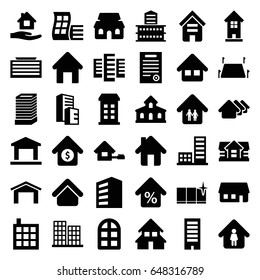 Estate icons set. set of 36 estate filled icons such as building, house building, window, garage, house, business center, home care, clean window, man in home, land territory