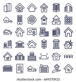 Estate icons set. set of 36 estate outline icons such as building, house building, house, business center, arrow up, home, family home, land territory, garage