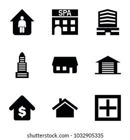 Estate icons. set of 9 editable filled estate icons such as business center, house building, buying a house, garage, window, spa building