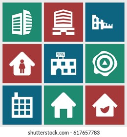Estate icons set. set of 9 estate filled icons such as house building, building, spa building, business center, man in home, arrow up, eco house