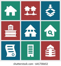 Estate icons set. set of 9 estate filled icons such as building, box, house building, home search, bill of house sell