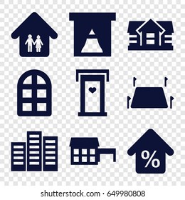 Estate icons set. set of 9 estate filled icons such as window, door with heart, building, house, family home, land territory