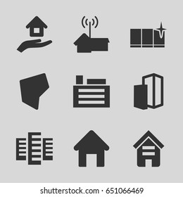 Estate icons set. set of 9 estate filled icons such as house building, building, clean window, land territory, house insurance