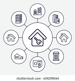 Estate icons set. set of 9 estate outline icons such as building, business center building, house, home, home key
