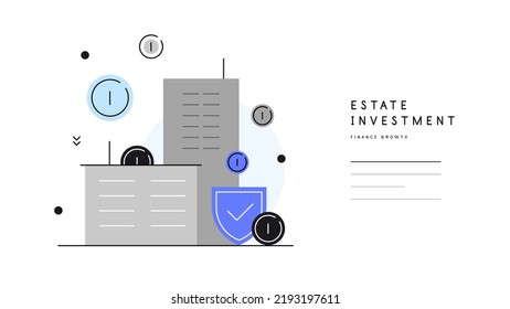 Estate investment. Buildings with shield and coins falling on them. Simple flat illustration. Slide with place for text. Vector file.