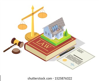 Estate Law Vector Concept Illustration. Isometric Juridical Symbols Law Book With House Real Estate, Scales Of Justice, Judge Gavel. Property Law Composition For Web Banner, Website Page Etc.