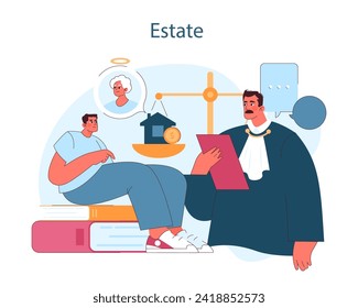 Estate. A man engages with a judge on estate matters, with an inheritance scale balancing a home and savings, symbolizing equitable distribution. Flat vector illustration