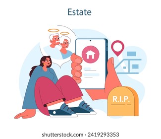 Estate management. A woman navigates property inheritance with a digital interface, ensuring her benefactors' wishes are honored. Flat vector illustration