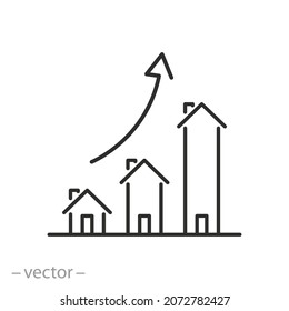 icono del mercado inmobiliario, precio de la vivienda de crecimiento, presentación de subida de edificios, infografía de aumento real, símbolo de línea delgada - vector de trazo editable