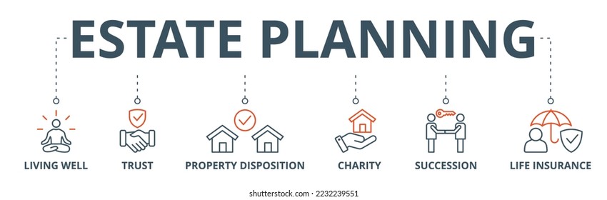 Estate planning banner web icon vector illustration concept with icon of living well, trust, property disposition, charity, succession, life insurance