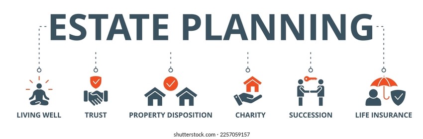 Estate planning banner web icon vector illustration concept with icon of living well, trust, property disposition, charity, succession, life insurance