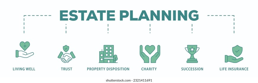 Estate planning banner web icon vector illustration concept with icon of living well, trust, property disposition, charity, succession, life insurance